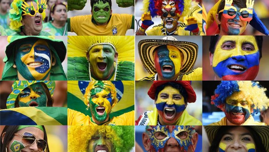 Une combinaison de photos de fans brésiliens et colombiens présents au Brésil pour le Mondial en juin 2014