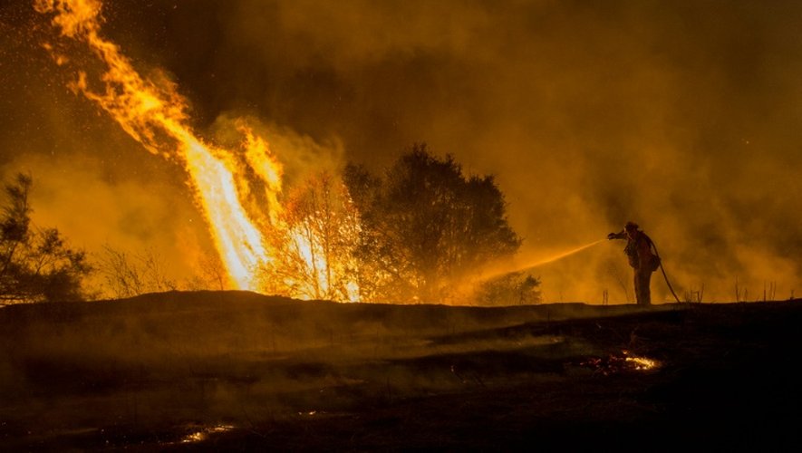 Un pompier lutte contre l'incendie le plus dévastateur, "le Rocky Fire", près de Clearlake le 2 août 2015 en Californie