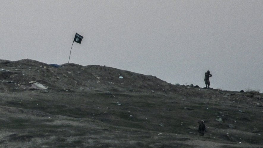 Des militants de l'Etat islamique plantent leur drapeau près de la  frontière de la Turquie avec l'Irak, le 23 octobre 2014