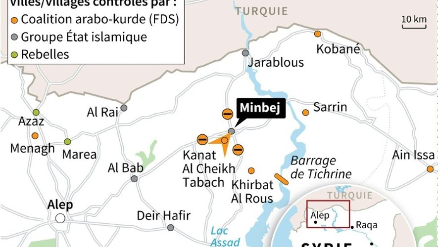 Localisation de la région de Minbej, où les forces arabo-kurdes soutenues par les Etats-Unis sont éntrées dans la ville tenue par les jihadistes de l'EI