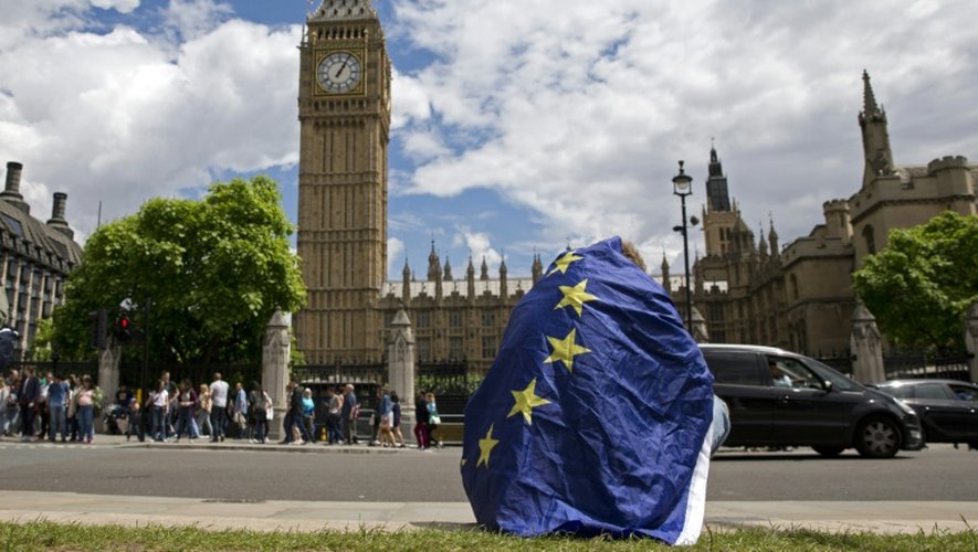 Un manifestant opposé à une sortie du Royaume-Uni de l'UE enveloppé dans le drapeau de européen, le 25 juin 2016 à Londres