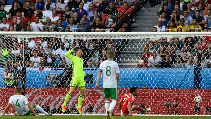 Le défenseur nord-irlandais Gareth McAuley (g) inscrit un but contre son camp face aux Pays de Galles à l'Euro au Parc des Princes, le 25 juin 2016
