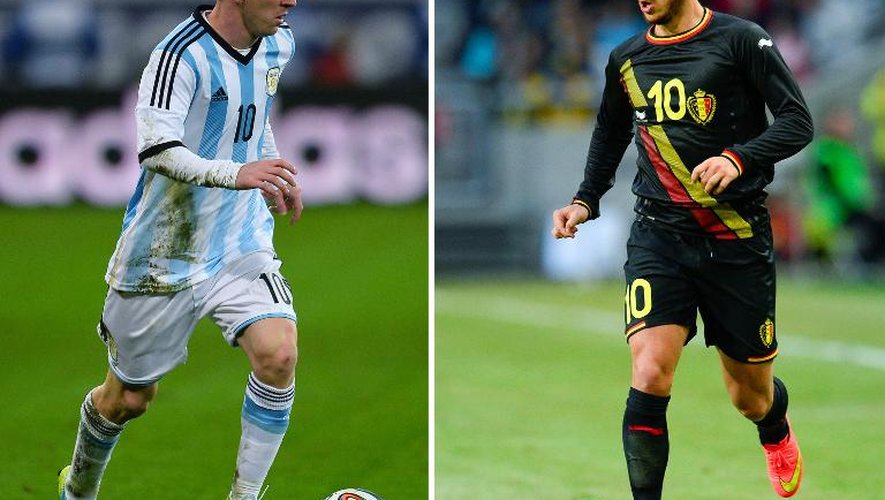 L'Argentin Lionel Messi (g) durant un match amical Argentine - Roumanie, le 5 mars 2014 à Bucarest, et le Belge Eden Hazard (d) durant un match amical Suède - Belgique à Solna, en Suède, le 1er juin 2014
