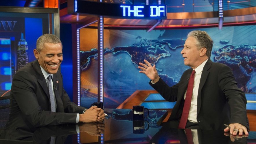 Le président américain Barack Obama est interviewé par Jon Stewart lors de l'emission "The Daily Show with Jon Stewart", le 21 juillet 2015 à New York