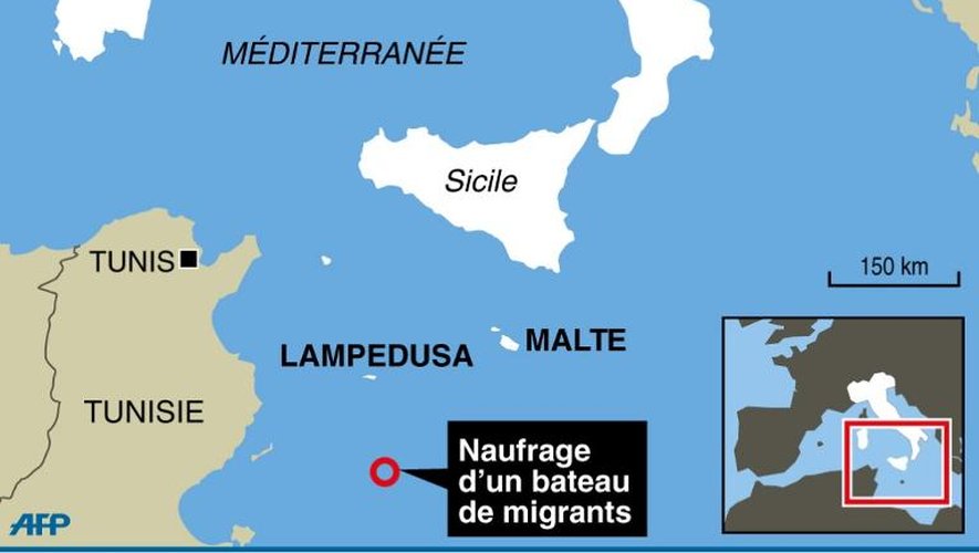 Infographie localisant le site du naufrage d'un bateau d'immigrants près de l'île italienne de Lampedusa