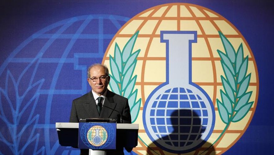 Le directeur général de l'Organisation pour l'interdiction des armes chimiques Ahmet Uzumcu tient une conférence de presse à La Haye, le 11 octobre 2013, après l'attribution à l'organisation du prix Nobel de la paix