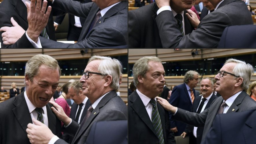 Montage de photos montrant Nigel Farage, président de Parti de l'Indépendance du Royaume Uni (UKIP), militant du Brexit, et le président de la Commission européenne Jean-Claude Juncker à Bruxelles le 28 juin 2016