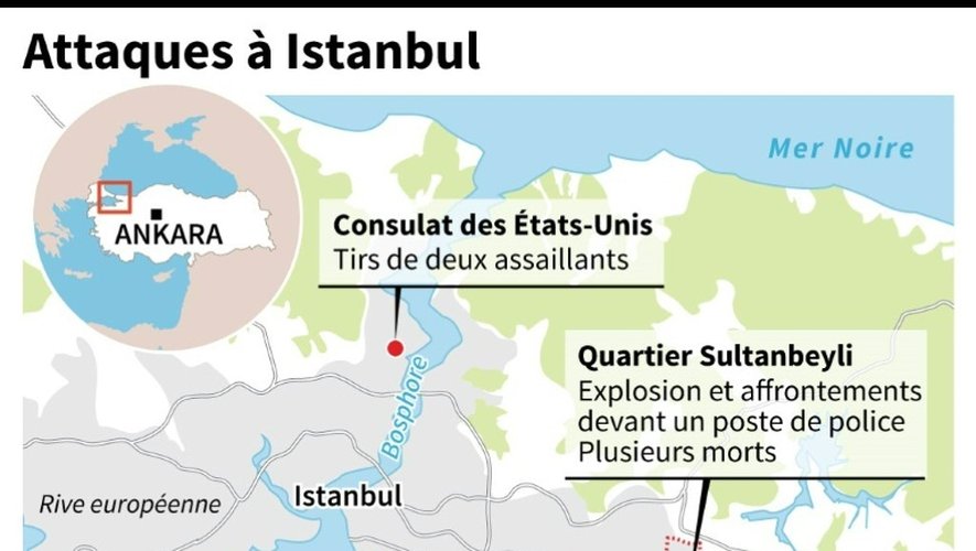 Localisation des deux attaques qui ont frappé le consulat des États-Unis et un poste de police lundi à Istanbul