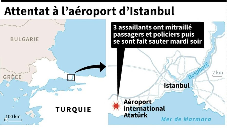 Infographie localisant l'attentat à l'aéroport d'Istanbul
