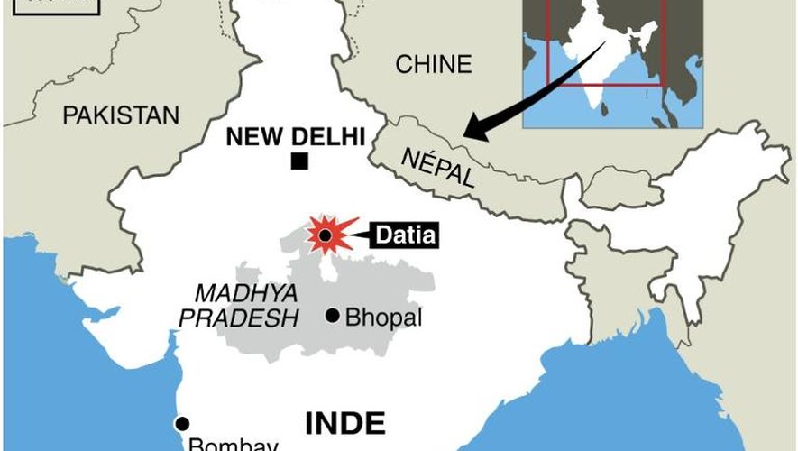 Infographie de localisation de Datia où une bousculade près d'un temple hindou a fait au moins 60 morts