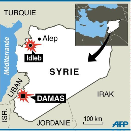 Infographie localisant la ville d'Idleb où 7 membres du personnel humanitaire ont été enlevés et de Damas où 2 voitures piégées ont explosé
