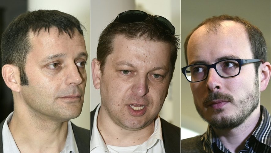 Le journaliste Français Edouard Perrin, et les anciens employés français de PwC Raphael Halet et Antoine Deltour (de gauche à droite)