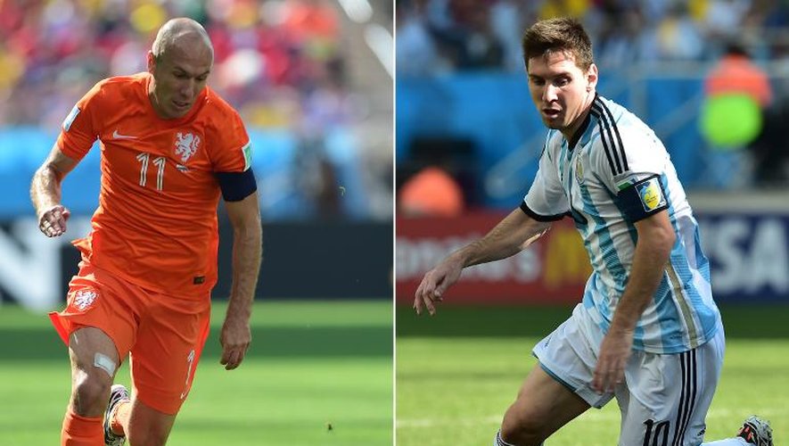 Les Néerlandais Arjen Robben (gauche) sera opposé à l'Argentin Lionel Messi (droite) lors de la demi-finale entre les Pays-Bas et l'Argentine le 9 juillet 2014 à Sao Paulo