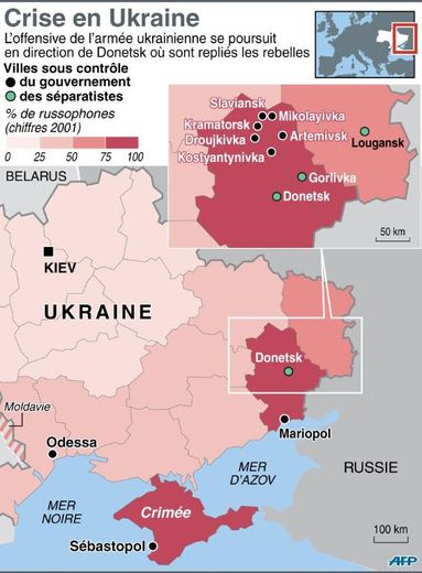 Carte, réalisée le 6 juillet 2014, présentant l'avancée des forces gouvernementales en Ukraine