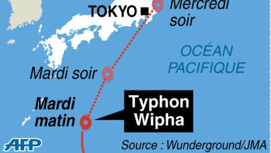 Route prévue du typhon Wipha qui doit toucher le sud-est de l'île japonaise d'Honshu, dans la nuit de mercredi à jeudi