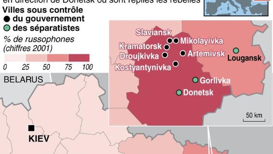 Carte présentant l'avancée des forces gouvernementales en Ukraine