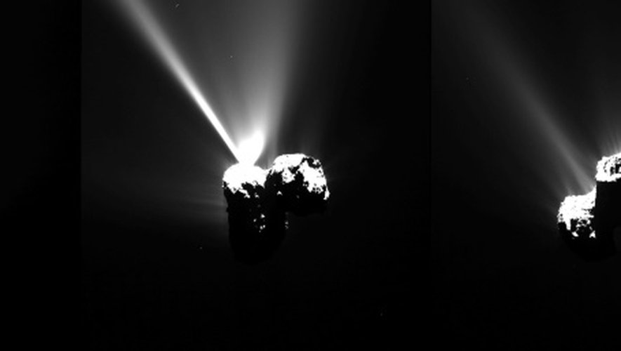Série d'images prise le 12 août 2015 par la caméra Osiris de la sonde Rosetta et publiée le 13 août 2015 par l'agence européenne de l'espace et montrant des jets de gaz de la comète Tchouri