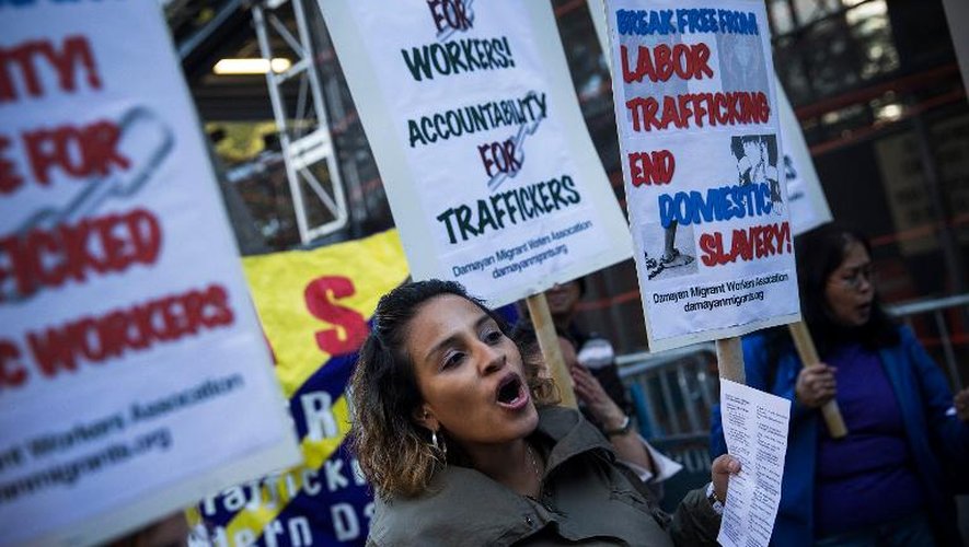 Manifestation contre l'esclavage moderne devant le siège des Nations Unies à New York, le 23 septembre 2013
