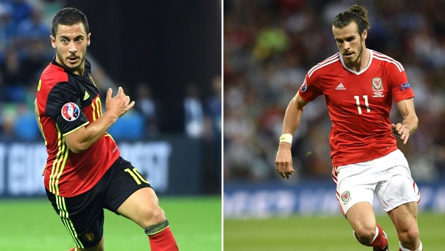 L'attaquant belge Eden Hazard (g), le 13 juin 2016 à Lyon, et son homologue gallois Gareth Bale, le 20 juin 2016 à Toulouse, au cours de l'Euro