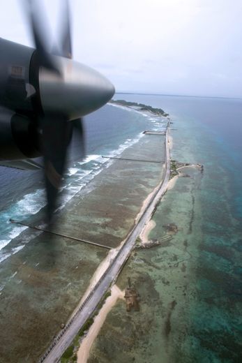 Vue sur l'atoll de Moruroa, en Polynésie française, où 138 essais nucléaires ont été conduits depuis 1966, le 13 février 2014