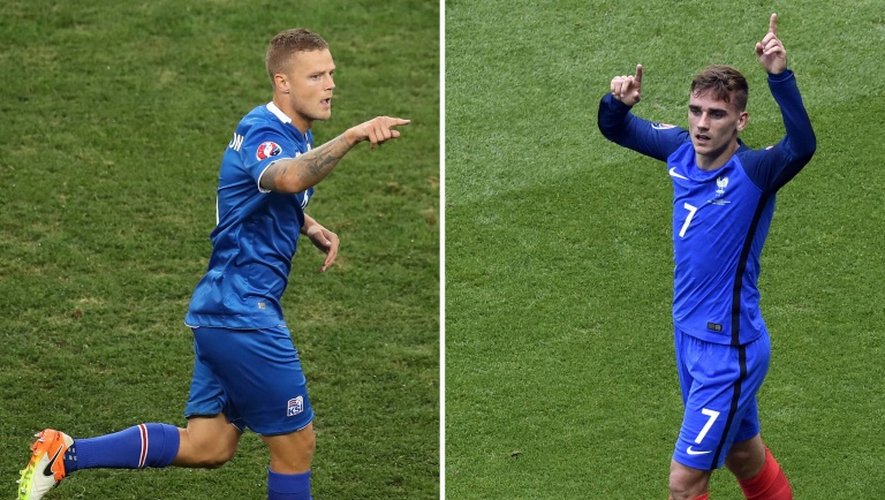 Montage de deux photos montrant le défenseur islandais Ragnar Sigurdsson (g) et l'attaquant français Antoine Griezmann (d)