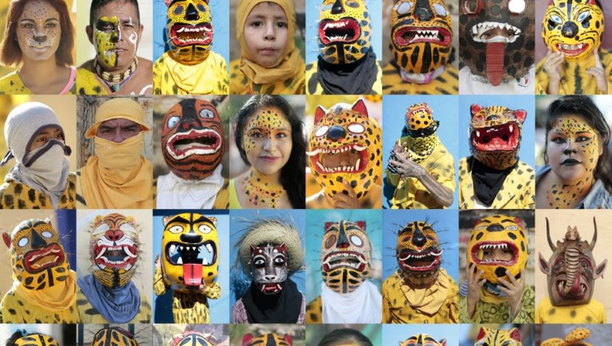 Combo de portraits de participants à la fête traditionnelle de la "Tigrada", le 15 août 2015 à Chilapa, dans le sud du Mexique