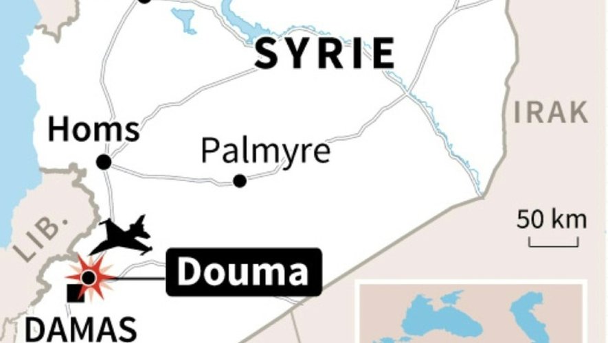 Carte de Syrie localisant Douma frappé dimanche par des raids aériens du régime syrien