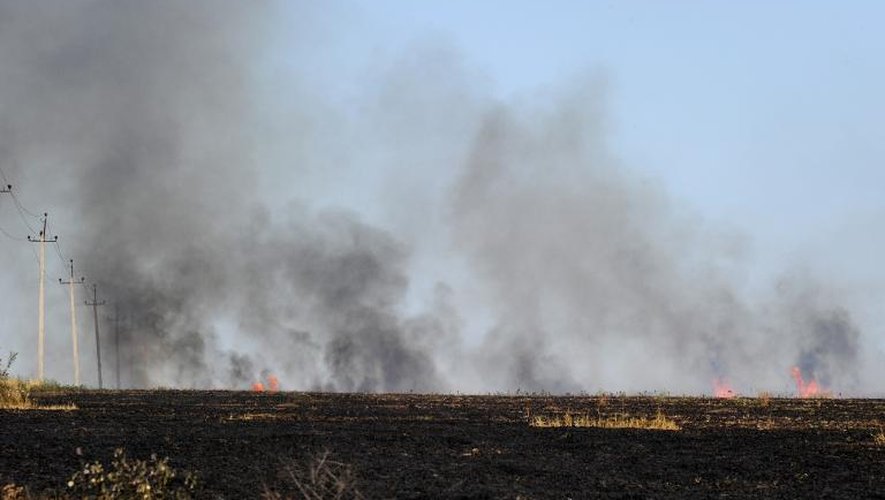 Un champ fumant après des échanges de tirs entre militants pro-russes et l'armée ukrainienne à Marynivka, à 100 km à l'est de Donetsk, le 16 juillet 2014
