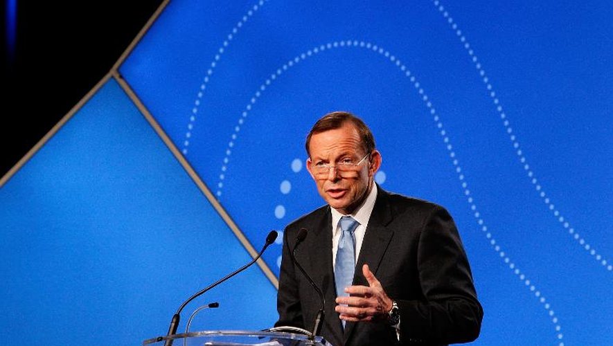 Le Premier ministre australien Tony Abbott prononce un discours au sommet B20 de Sydney le 17 juillet 2014