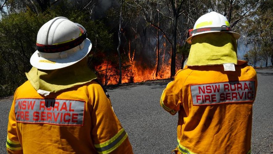 Des pompiers tentent de circonscrire un incendie dans les Montagnes Bleues, le 21 octobre 2013 près de Sydney