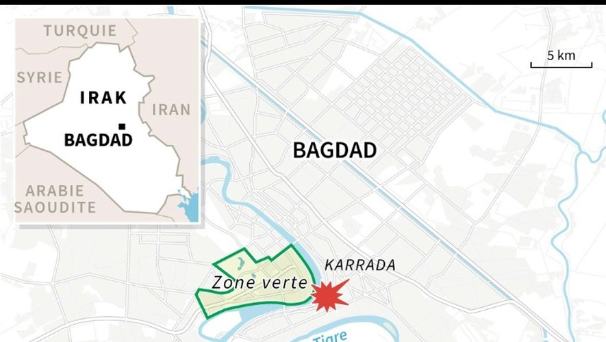 Carte du centre de Bagdad localisant l'attentat suicide qui a fait au moins 119 morts