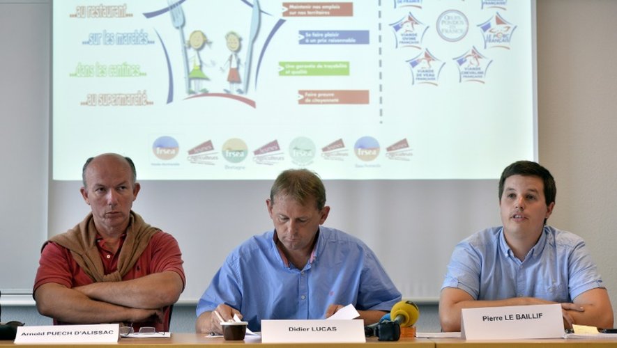 Des agriculteurs syndicalistes en conférence de presse le 17 août 2015 à Rennes