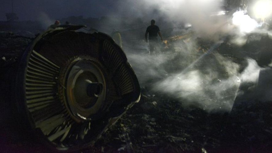 Un secouriste au milieu des décombres encore fumants de l'avion malaisien qui s'est écrasé le 17 juillet 2014 à Shaktarsk en Ukraine