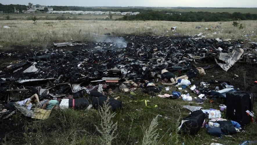 Des débris éparpillés de l'avion malaisien qui s'est écrasé le 17 juillet 2014 à Shaktarsk en Ukraine
