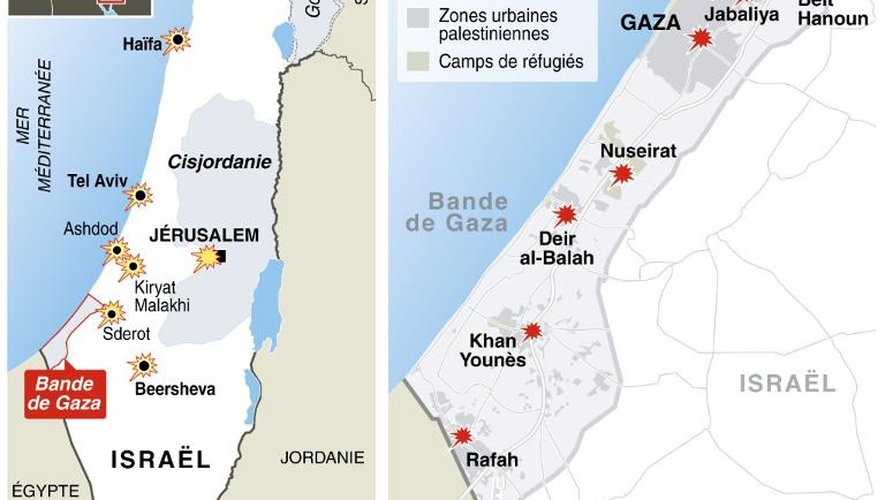 Carte localisant les principales cibles israéliennes et du Hamas depuis le 8 juillet