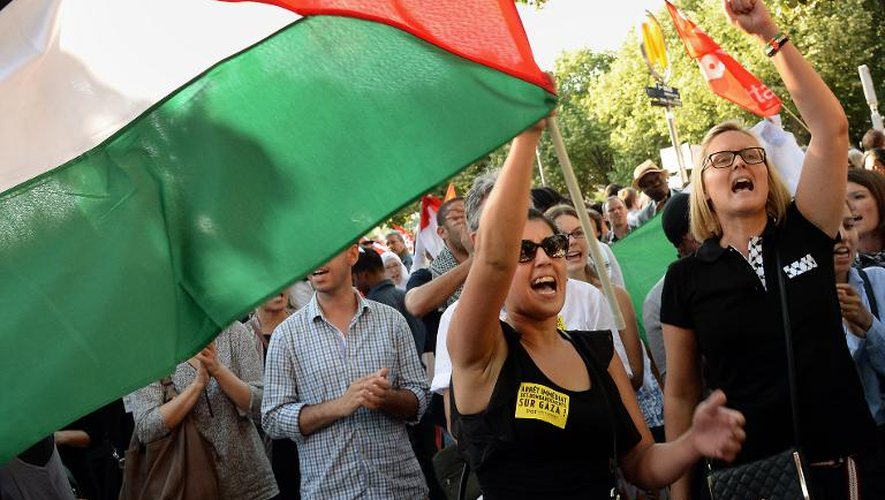 Une femme tient un drapeau palestinien lors d'une manifestation de soutien à Gaza le 16 juillet 2014 à Paris