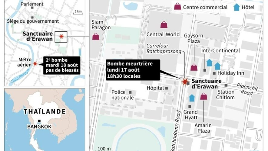 Localisation de l'attentat à la bombe du 17 août à Bangkok et de l'explosion du 18 août