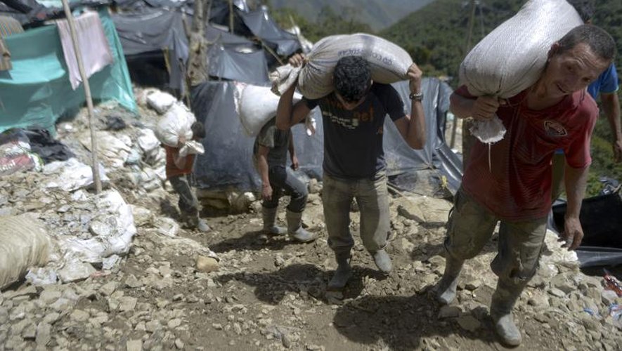 Des mineurs portent des sacs de roches, près d'une mine d'or illégale, à San Antonio, en Colombie, le 19 octobre 2013