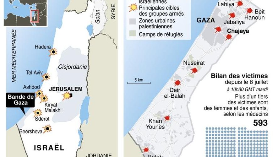 Carte de localisation d'Israël et de la bande de Gaza avec un bilan des victimes et des offensives depuis le début du conflit