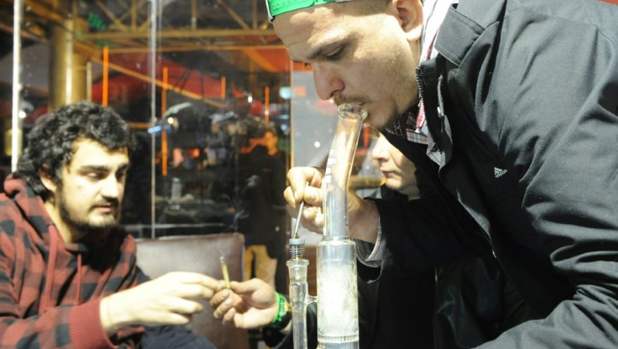 Deux participants au "Cannabis Cup 2015" fument de la marijuana, le 19 juillet 2015 à Montevideo