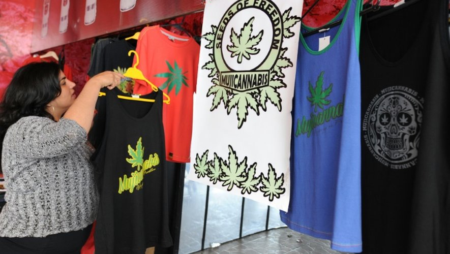 Une commercante vend des t-shirts des dessins de marijuana, sur un stand lors du "Cannabis Cup 2015", le 19 juillet 2015 à Montevideo