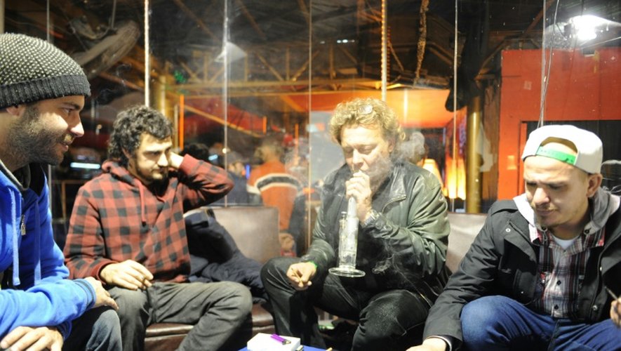 Des participants au "Cannabis Cup 2015" fument de la marijuana, le 19 juillet 2015 à Montevideo