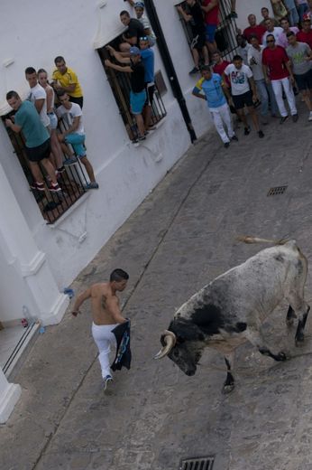 Certains participants n'hésitent pas à se prendre pour des toréros confirmés, comme dans cet "encierro" de Grazalema, en Andalousie, le 20 juillet 2015