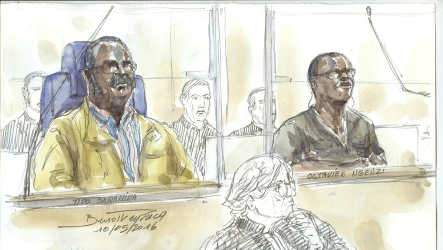 Croquis d'audience datant du 10 mai 2016 du procès, à Paris, de Tito Barahira (g) et Octavien Ngenzi