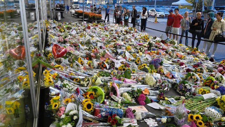 Fleurs déposées en hommage aux victimes du crash du vol MH17, le 21 juillet 2014 à l'aéroport de Schipol près d'Amsterdam