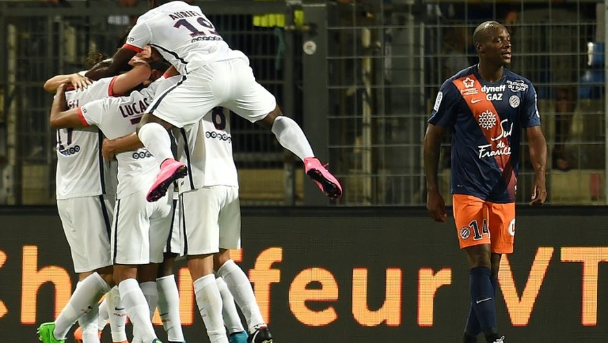 La joie des Parisiens après le but inscrit par Matuidi contre Montpellier, le 21 août 2015 à La Mosson