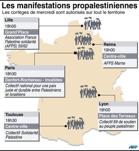 Cartographie de l'ensemble des manifestations propalestiniennes organisées le 23 juillet 2014 avec l'heure, le lieu et les organisateurs