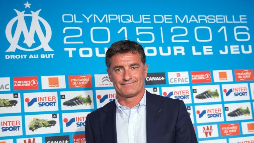 L'entraîneur de Marseille Michel en conférence de presse au centre Robert Louis-Dreyfus, 2 jours avant le match contre Troyes, le 21 août 2015