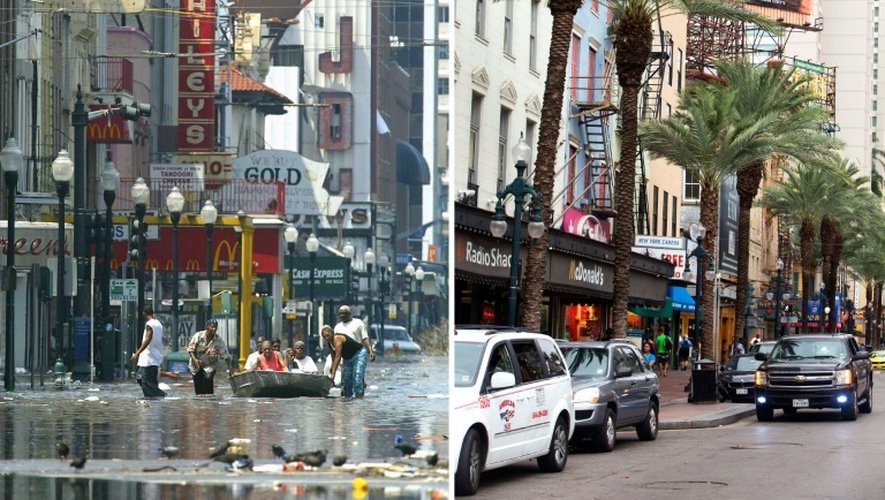 A gauche, une photo de Canal Street à la Nouvelle-Orléans le 31 août 2005 après le passage de l'ouragan Katrina, à droite, la même rue reconstruite, prise le 16 août 2015