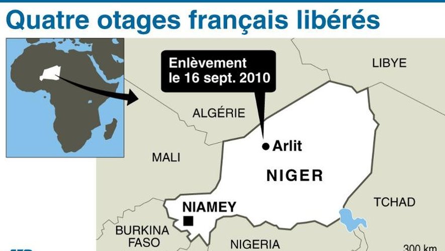 Infographie localisant l'enlèvement des quatre otages libérés au Niger